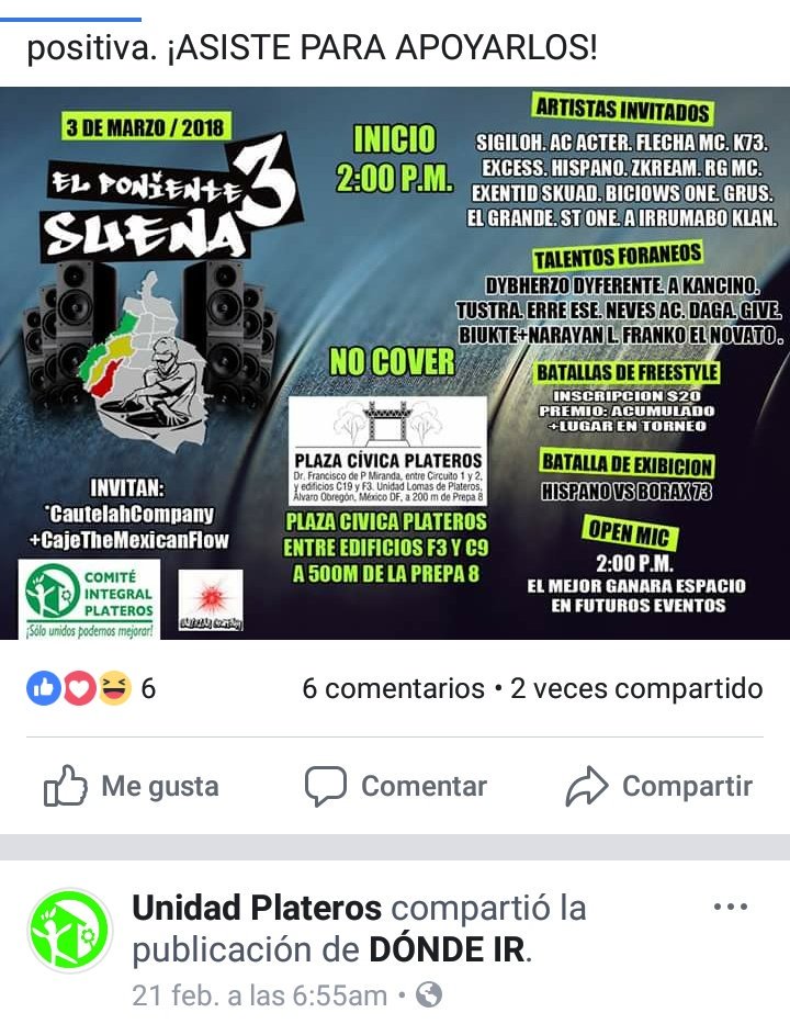 <a href="/CiudadanoApoyan/">Ciudadano Preocupado</a> <a href="/VecinosPlateros/">Vecinos de Plateros</a> <a href="/RescateAObregon/">MercedGómez_S.O.S</a> <a href="/DenMerced_Gomez/">Denuncia MercedGomez</a> <a href="/DenunciaAOCDMX/">Denuncias Álvaro Obregón</a> <a href="/ConsejoSegMx/">Consejo Seguridad MX</a> <a href="/alertasurbanas/">Alertas Urbanas AU ⚠️</a> <a href="/VigilanteCDMX/">Ciudadano Vigilante</a> <a href="/cehuayo/">P.De Cehuayo</a> <a href="/NObasurero5mayo/">NO al basurero</a> <a href="/hiramalmeidae/">Hiram Almeida Estrada</a> <a href="/SSP_CDMX/">@SSP_CDMX</a> <a href="/AlfonsoXIII_/">Alfonso XIII</a> @MixcoacDF <a href="/SoyObregonense_/">SO</a> Aquí invitando a sus famosos "eventos culturales" gente ajena a la unidad utilizando nuestras áreas comunes, causando molestia a los vecinos.