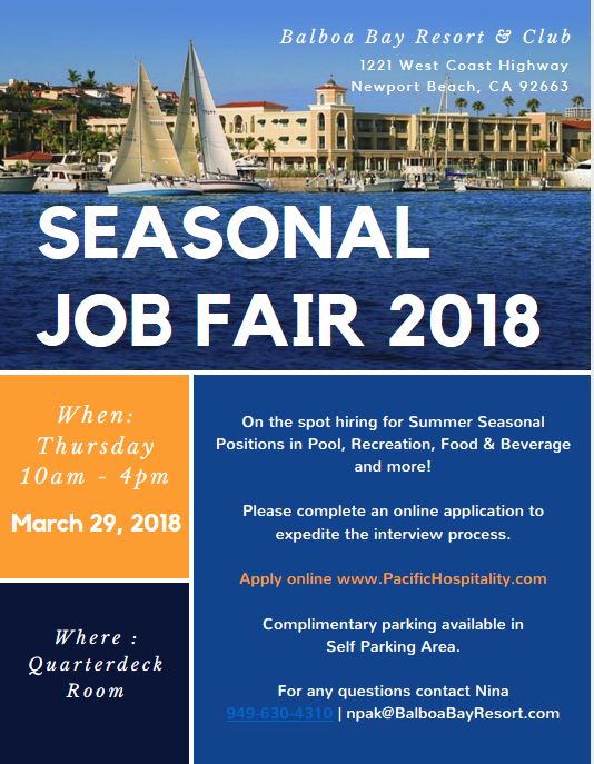 BalboaBayClub's tweet photo. #SaveTheDate and join us for our Summer #JobFair on Thurs, March 29! We'll be hiring on-the-spot for seasonal summer positions in recreation, f&amp;b, &amp; more! #NowHiring #NewportBeach #OrangeCounty https://t.co/u3B7op7zZm