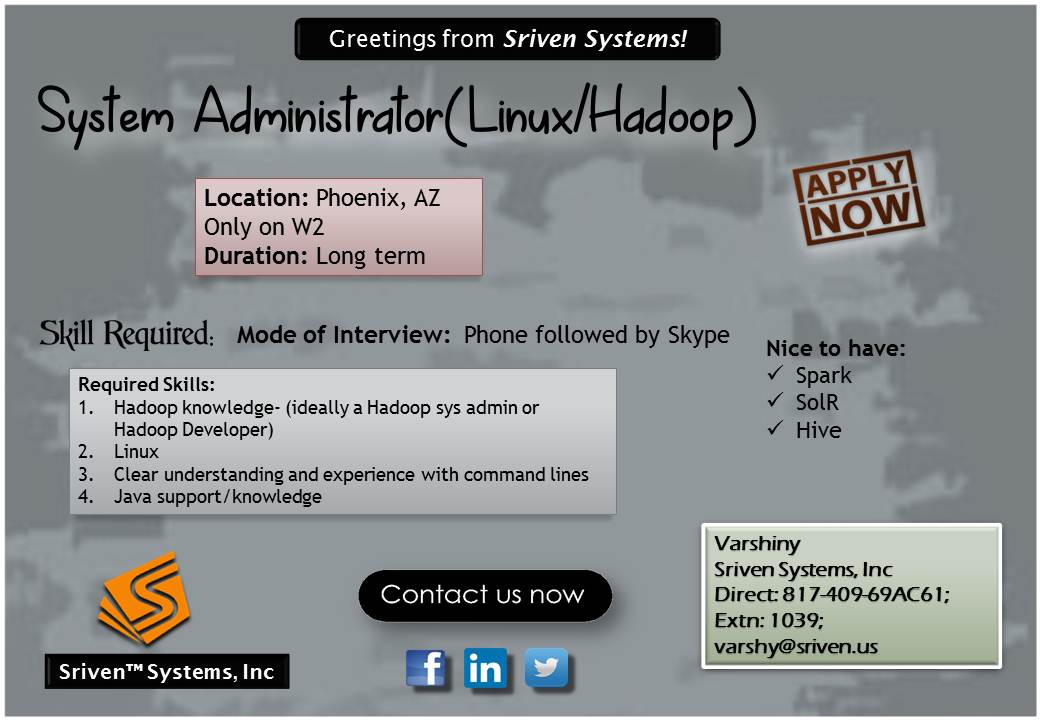 srivensystems's tweet image. #hiring #Hadoop #HadoopDevelopment #Spark #SolR #Hive #SystemAdmin
@srivensystems
Email: varshy@sriven.us