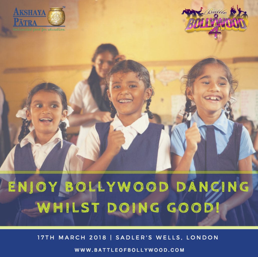 Thrilled to be the charity partner for <a href="/battlebollywood/">Battle of Bollywood</a> 4! 💃🏼Watch UK uni teams battle it out to win the Bollywood dance crown. Buy tickets and support a great cause here. Remember £1 can serve a child school meals for a month >> bit.ly/2pk6TPl

#PowerOfOnePound #BOB4