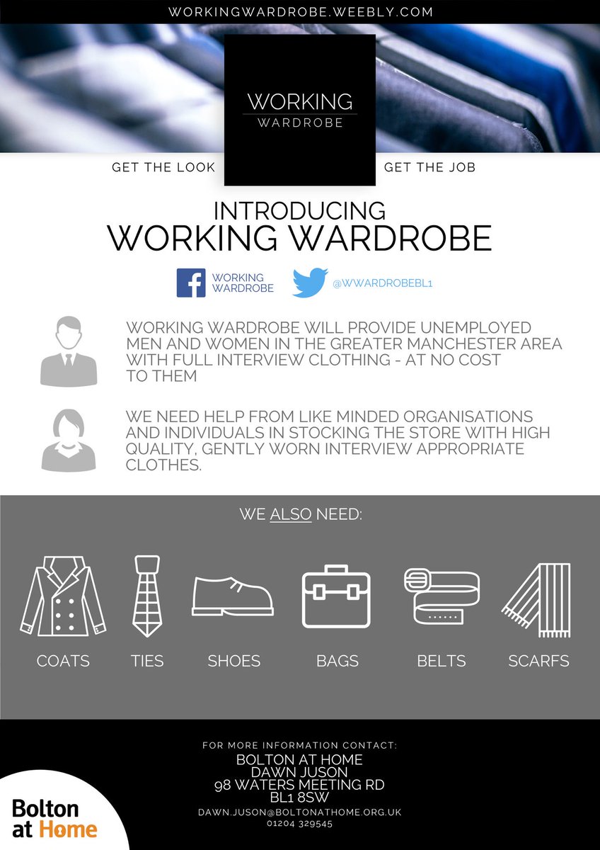 Retweeted Working Wardrobe (<a href="/wwardrobebl1/">Working Wardrobe</a>):

Can you help us stock the store with gently worn interview appropriate clothing? If you’re an individual wanting to help or a company offering support please contact us. #firstimpressionslast