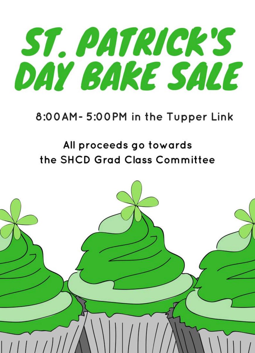 DalSCSDStudents's tweet photo. Bake sale! Swing by the Tupper Link for a tasty St. Patrick’s Day themed treat! https://t.co/n2oB4b6wdC