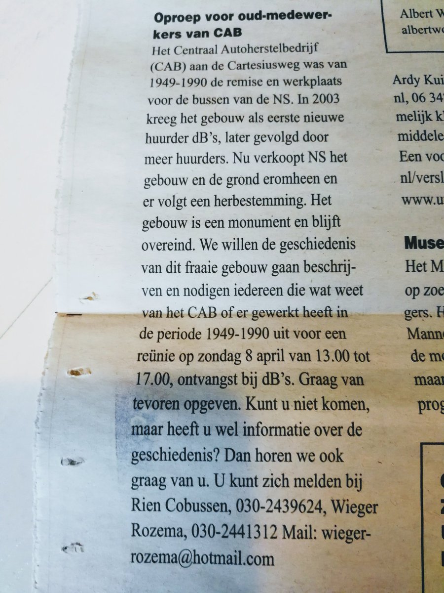 CAB-reünie op 8 april
Ken je iemand die ooit werkte bij Centraal Autoherselbedrijf? Laat het ons weten!