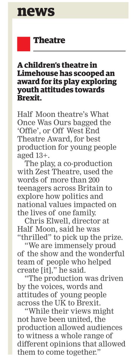 HalfMoonTheatre's tweet photo. Lovely mention of our recent @OffWestEndCom #Offies2018 Award in this week's @ELAdvertiser. Still beaming along with @zesttheatre. https://t.co/vyrbpcBQGp