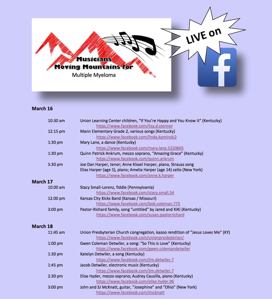It's not too late to pull out that guitar, harmonica, or bagpipe contraption!  Register at  goo.gl/forms/8RBed7Ou…
Please share #MultipleMyelomaAwareness Tomorrow through Sunday!  Please tune in!  Please share on your FB page! #MMRF