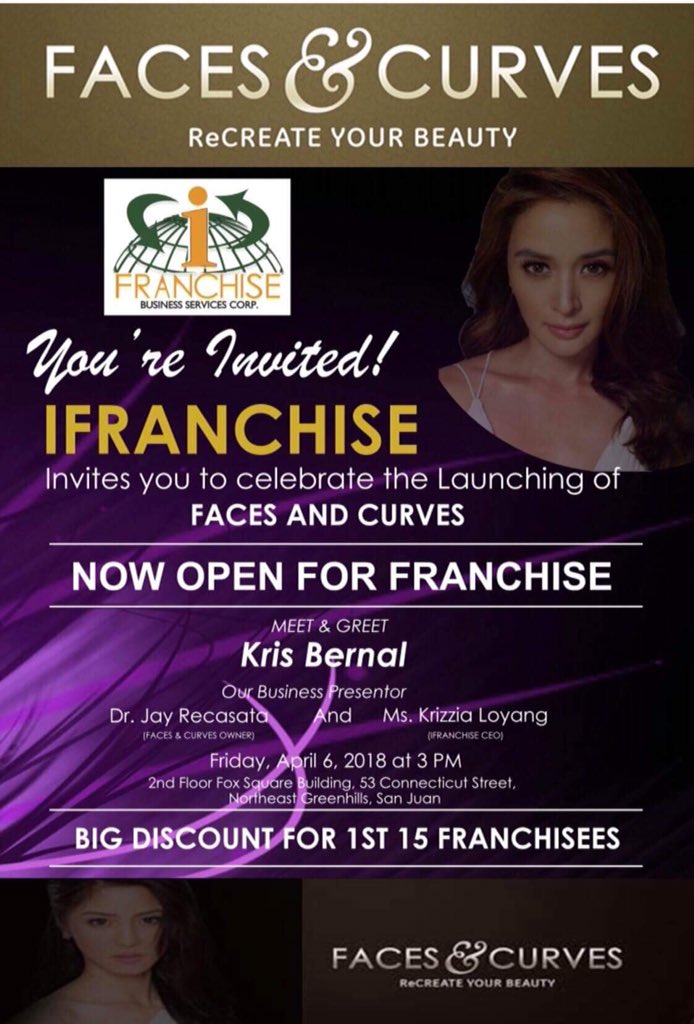 Faces&amp;Curves 
...is Now Ready for FRANCHISE
NATIONWIDE !!!!!!

    BE THE FIRST FRANCHISEE of this Company that has been in the Beauty Industry for almost 18 years  ! 

   BIG DISCOUNT to the first 15 franchisees in the Philippines 🇵🇭 🇵🇭🇵🇭🇵🇭🇵🇭🇵🇭🇵🇭🇵🇭