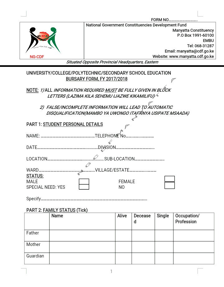 HonJohnMuchiri's tweet photo. Attached : Copy of Manyatta CDF Bursary application form. Download, fill and submit before deadline https://t.co/KJirwDPrOs
