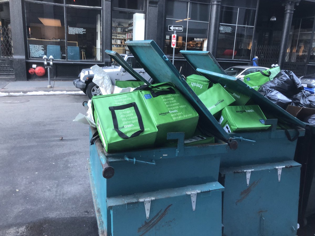 bobbrez's tweet photo. Apparently @AmazonFresh does not have a bulk pickup option for their totes, so buildings will accrue them until they become a fire hazard or trash. cc/ @amazon @RadianBoston https://t.co/2IeYVlRDzz