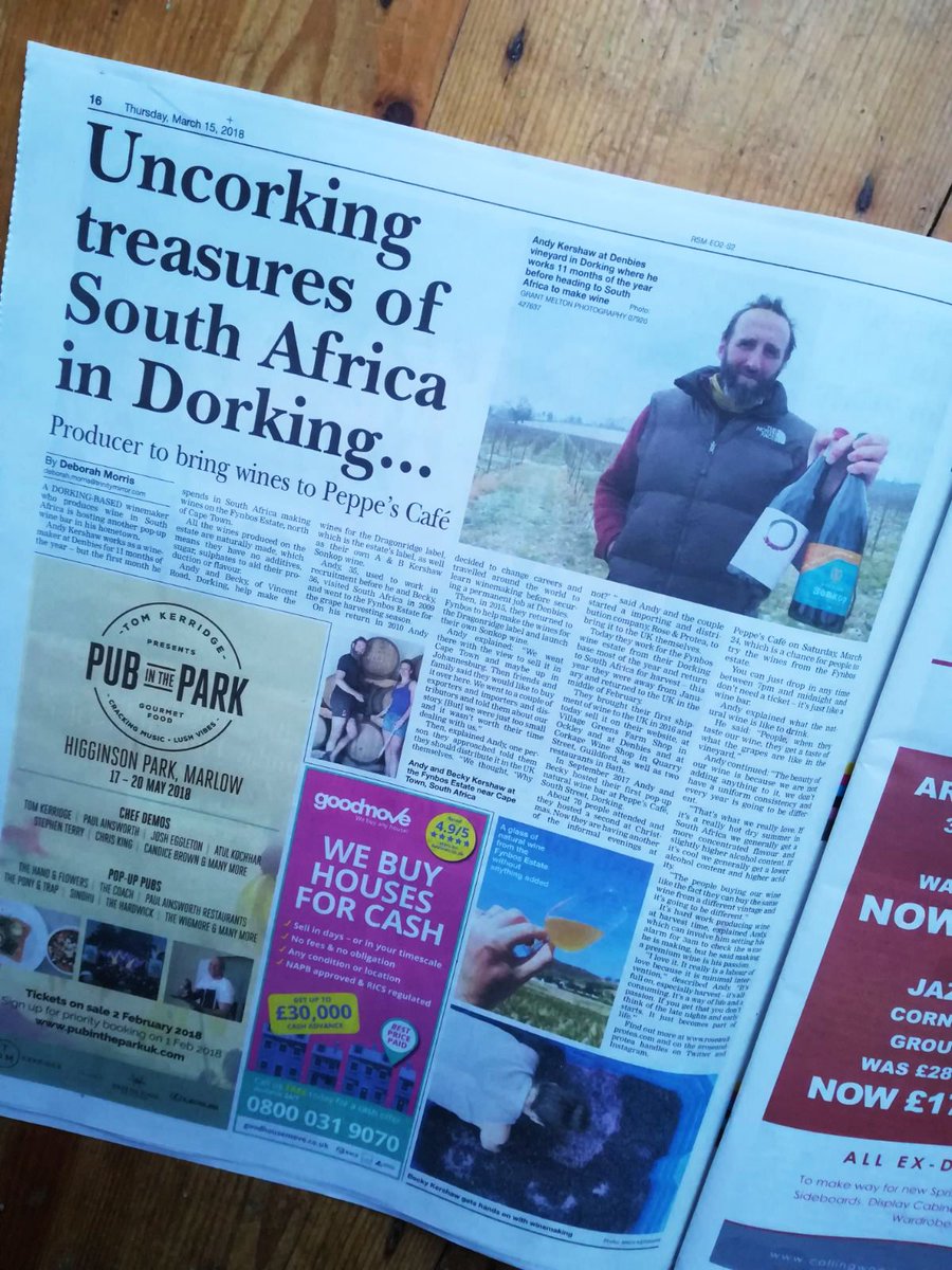 FynbosEstate's tweet photo. Uncorking treasures of South Africa in Dorking ... Dragonridge and Kershaw Wines make news in Surrey! Andy &amp; Becky will be hosting a pop-up wine bar in their home town featuring natural wines made at Fynbos Estate. #fynbosestate #naturalwine #dragonridgewines #roseandprotea https://t.co/MDZBwby78w