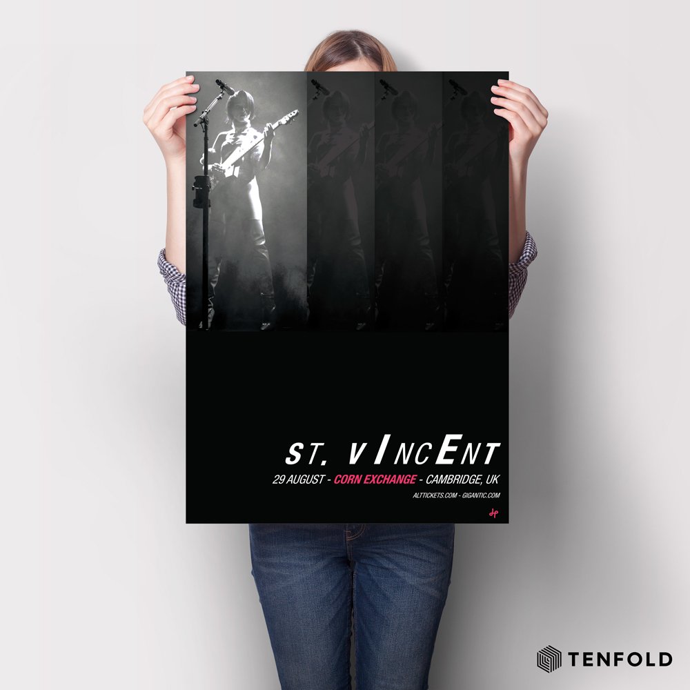 DELIVERED! Just landed are these splendid Posters for the August 'St. Vincent' gig in Cambridge, UK. Please remember, you don't need to be a critically acclaimed Texan multi-instrumentalist to have your posters printed by Tenfold. Visit wearetenfold.com to find out more.