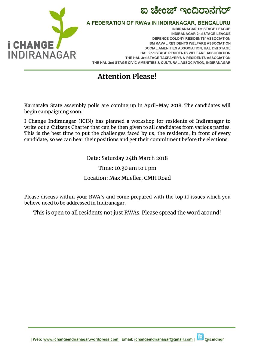 icindngr's tweet photo. *FOR YOUR KIND ATTENTION* 

A workshop for the residents of Indiranagar to write out a #CitizensCharter that can be then given to all candidates from various parties.
Put the challenges faced by us, the residents, in front of every candidate ! https://t.co/MrjjiAAkOO