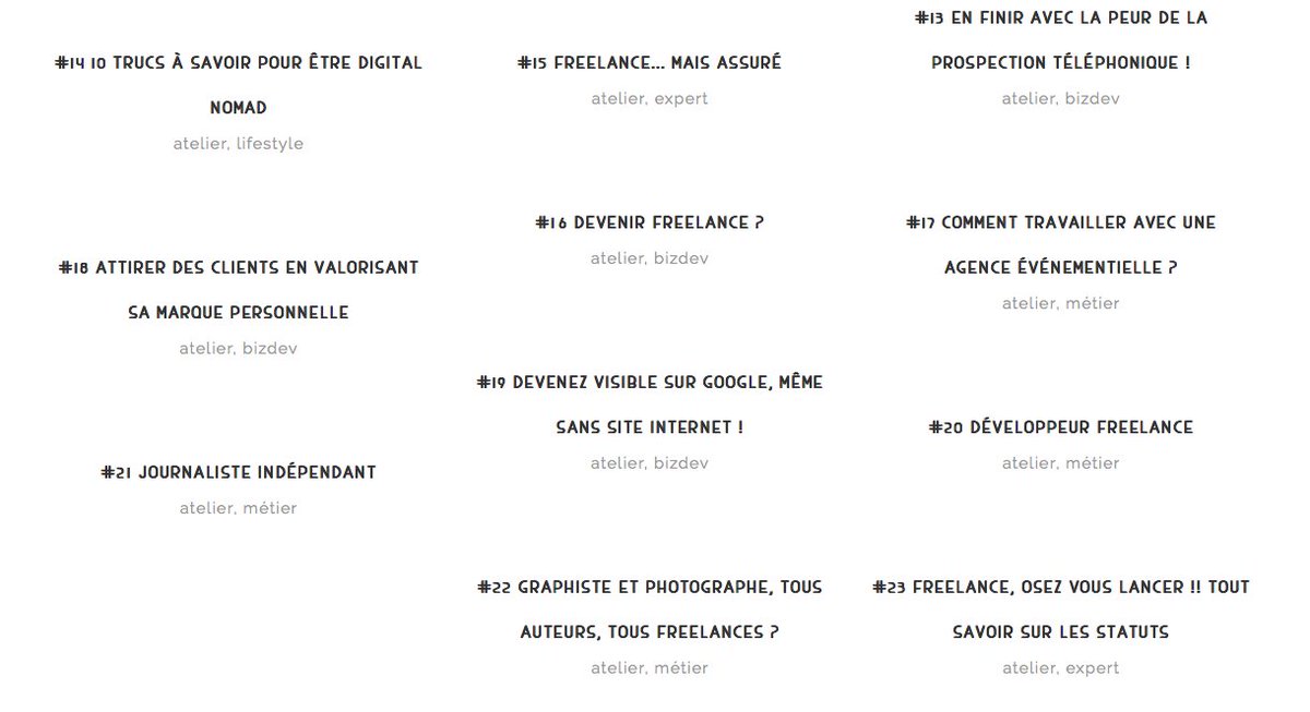 Les inscriptions aux ateliers de la #FreelanceFair sont ouvertes ! 🤗
Classés par thématiques : #bizdev, #expertise, #lifestyle et #métiers, leur objectif est de répondre à des problématiques plus précises et plus pragmatiques qu’en plénière ! #freelance #indépendants