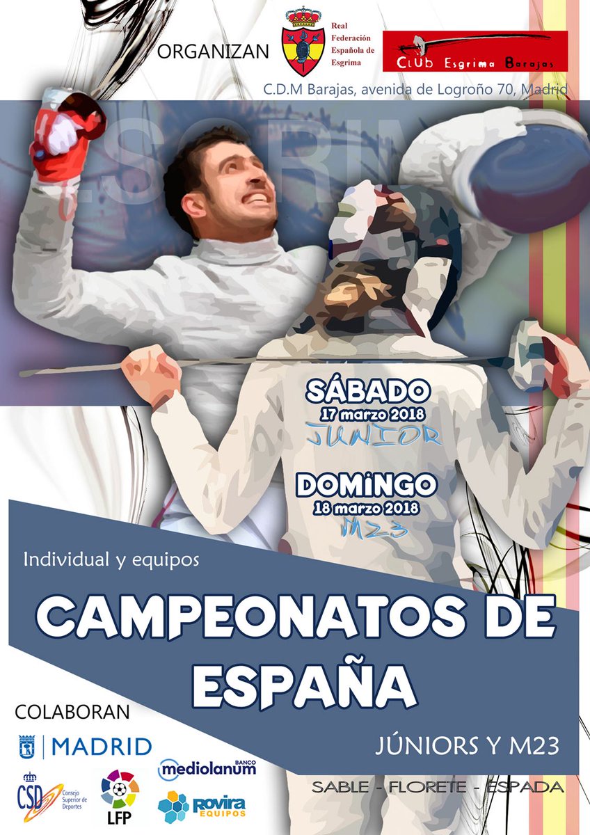 rfeesgrima's tweet photo. Nota de Prensa: #Barajas celebra los Campeonatos de España sub20 y sub23.

Más de 400 duelistas lucharán por subirse al puesto más alto del podio.   En total se jugarán 18 títulos de Campeonato de España. 

TODA LA INFO AQUÍ: https://t.co/vFLJdC0IVq

#CtoEspaña2018 #Esgrima https://t.co/XMSmxCNIbn