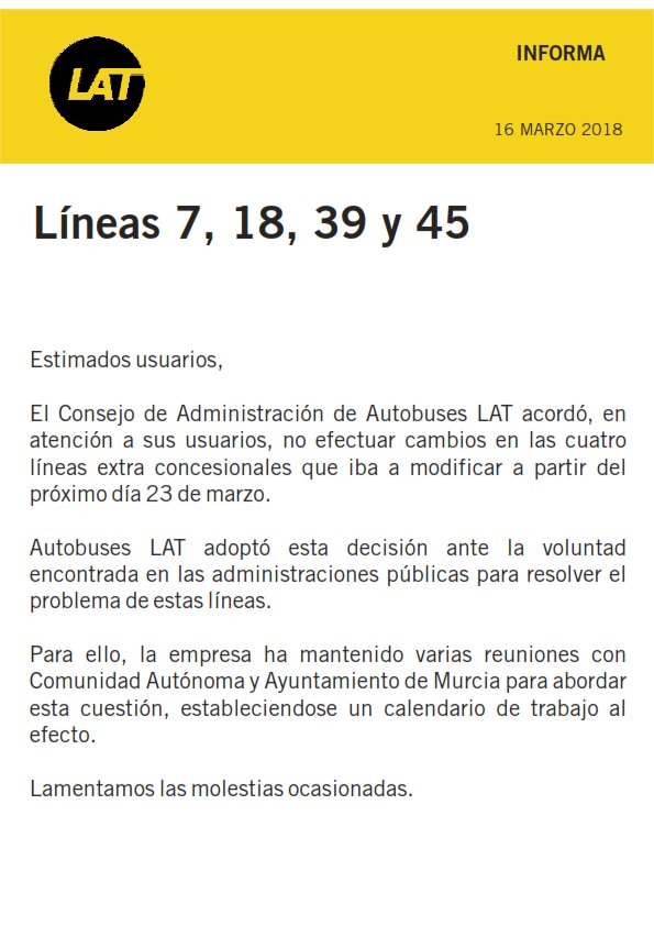 #AvisoLat Autobuses Lat mantendrá sin cambios las líneas extra concesionales 7, 18, 39 y 45 que iban a ser modificadas a partir del 23 de marzo