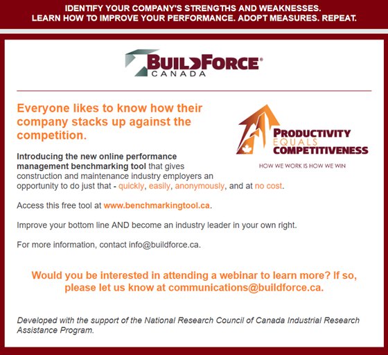 BuildForceCan's tweet photo. Improve your bottom line and help make Canada’s construction & maintenance industry more efficient and competitive. Introducing the new, free Performance Benchmarking Self-Assessment Tool: https://t.co/4f7Cw1WSYG. #ConstructionProductivity #HowWeWorkIsHowWeWin https://t.co/MDBGVPgSWd