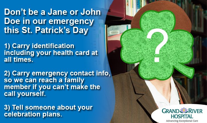 grhospitalkw's tweet image. Planning to celebrate #SPD2018? Be prepared if you have to visit a hospital. 

**Don&apos;t be a Jane or John Doe**... carry ID, particularly your @ONThealth card!

More at grhosp.on.ca/news/2018/spded