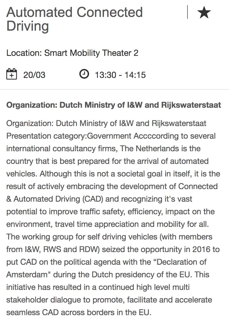 Join us in Amsterdam at the <a href="/intertraffic/">Intertraffic</a> next week. <a href="/florienvdwindt/">Florien</a> and I will talk about Connected &amp; Automated Driving in The Netherlands (Tuesday March 20th 13.30-14.15, Smart Mobility Theater 2). #SmartTogether intertraffic.com/amsterdam/prog…