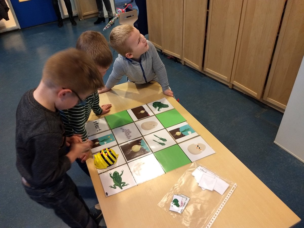 Natuur en techniek: stuur de Beebot van kikkerdril naar kikker. Thema Lente, groep 2a