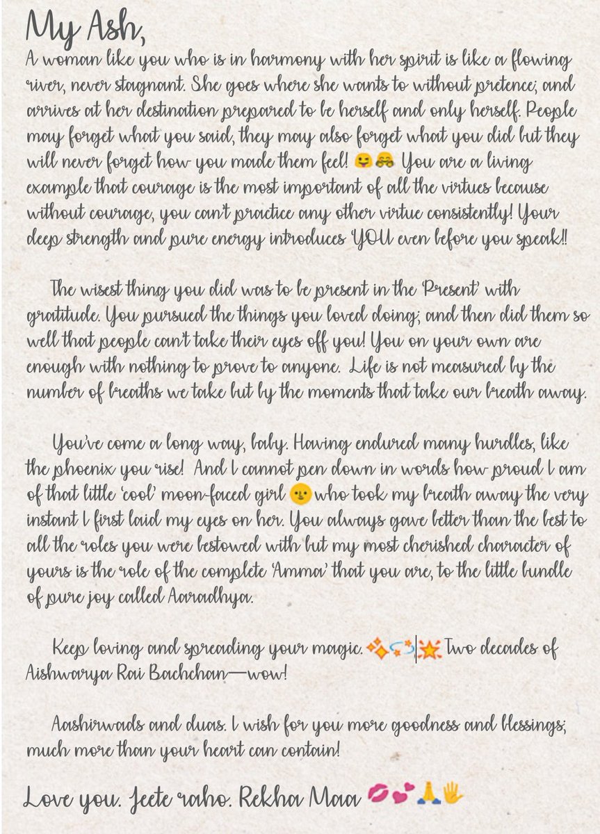 amit_AishGang's tweet photo. Beautiful letter by Rekha ji to Aishwarya ❤️🙏❤️

"My most cherished character of yours is the role of the complete #Amma that you are, to the little bundle of pure joy called Aaradhya." - Rekha https://t.co/NluvKNTqUb