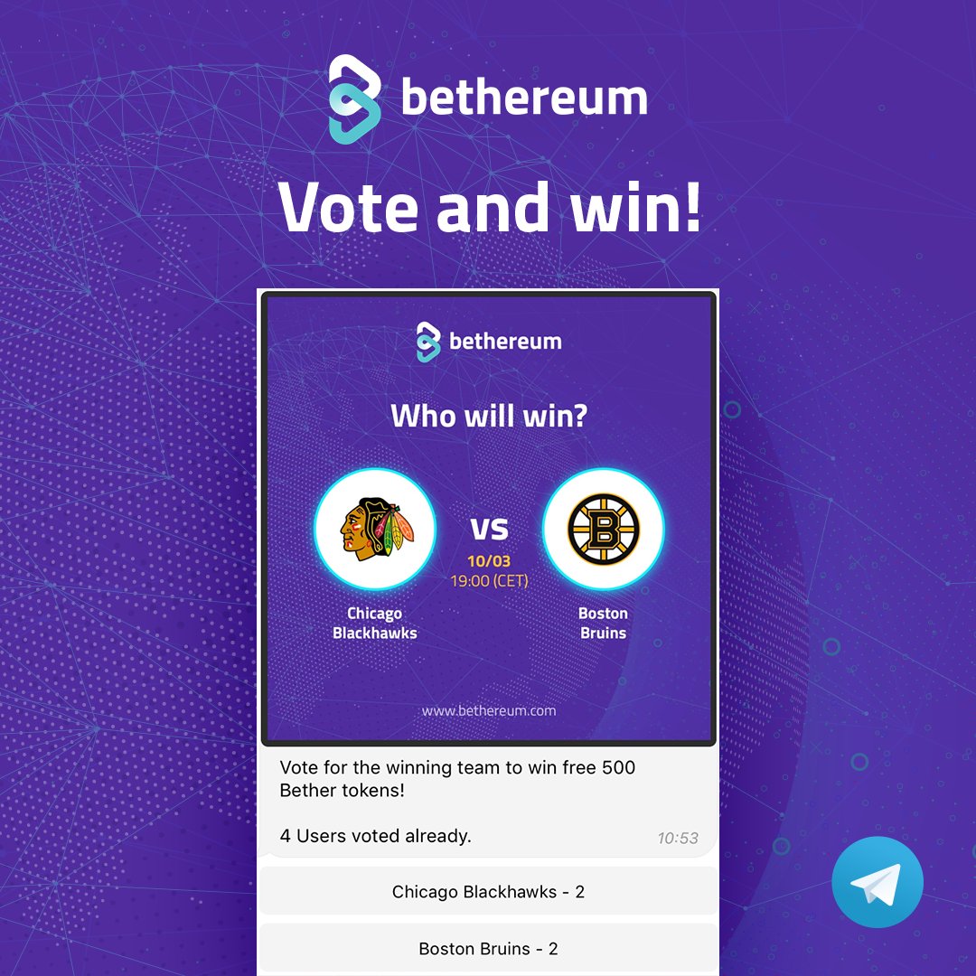 bethereumteam's tweet photo. We're launching something huge for our #Telegram community next-week! #Sportsbetting directly in our group with a lottery for correct votes.
Enjoy the fun and prizes: https://t.co/n5XxTqJJSL 
#crypto #sports #game #nhl #game #YourOdds #tips #blockchain #bitcoin $ETH $BTC #NBA https://t.co/AKvpQnAHrh