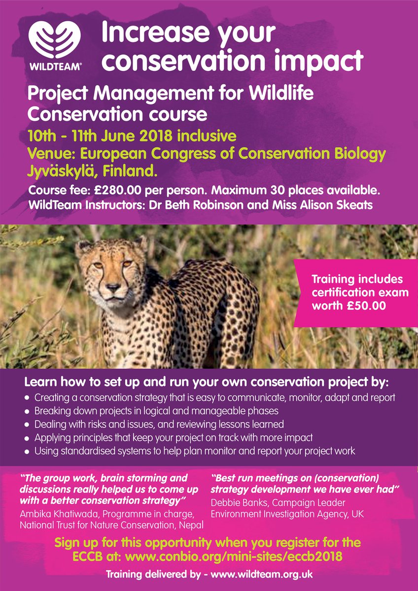 BethSRobinson's tweet photo. Come join @WildTeamUK at #ECCB2018 #Finland to find out what is involved in #ProjectManagement for #WildlifeConservation. Sign up closes 23rd March. #ConservationTraining #ConservationNetwork #Conservation #Wildlife #ConservationImpact 🦌🌿🐝 https://t.co/kasLr92mdn