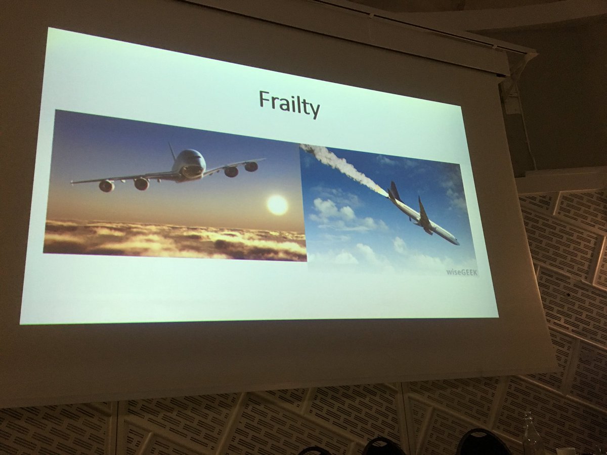 BASHH_UK's tweet photo. Tom Levett equates frailty to the poorly maintained aeroplane.  Eventually cumulative failures will lead to complete system failure  #BASHHMC18 https://t.co/gauNcTXXYp