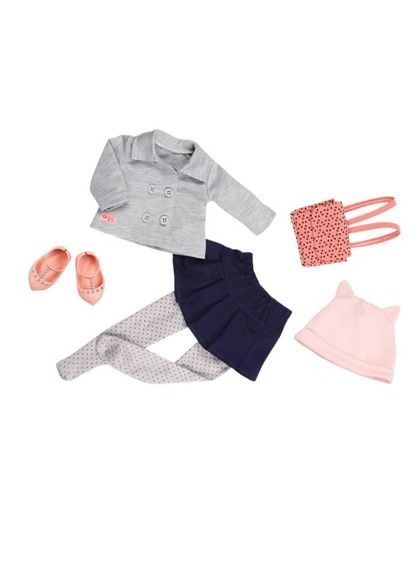 Your #doll will certainly be a class act to follow in this clothes set by #OurGenerationDolls. Included for just £8.99 (reduced from £19.99) is a grey jacket with buttons, skirt, spotted tights, pretty shoes, knitted pink hat and school bag - buff.ly/2IrInEL #OGDolls