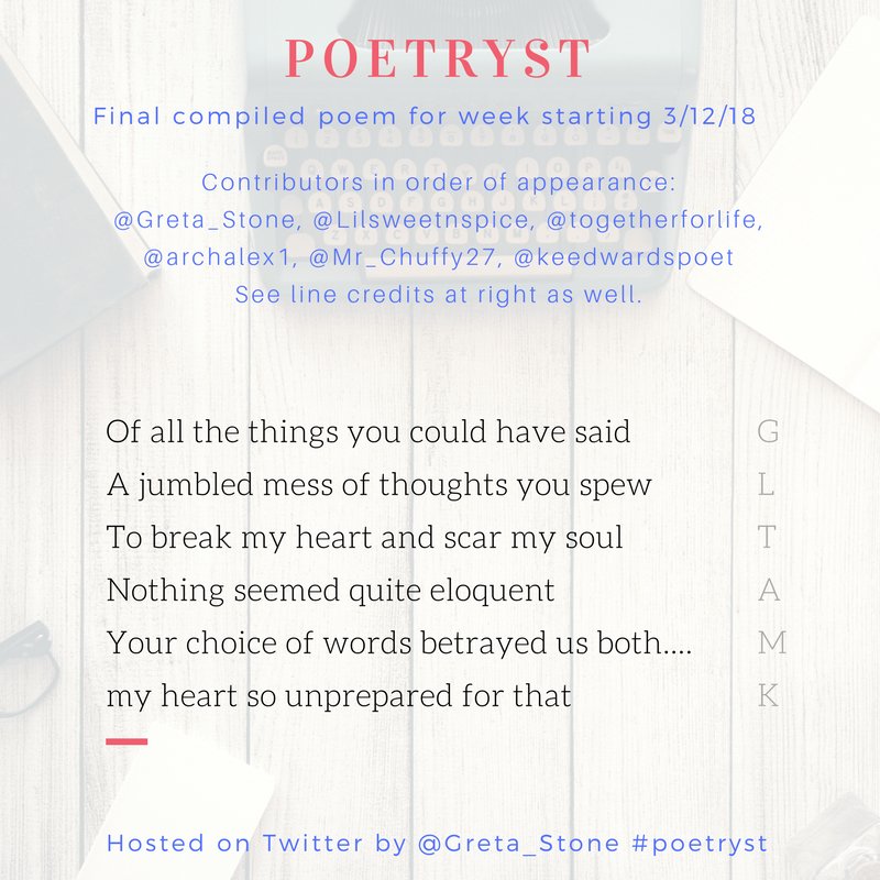 poetryst_gs's tweet photo. Our poem this week.

Credit to: @Greta_Stone, @Lilsweetnspice, @togetherforlife, @archalex1, @Mr_Chuffy27, @keedwardspoet

#poetryst #writingprompts #poetry #amwriting #poet #grouppoetry #poem #prompt #poets #micropoetry #poetrycommunity #poetrylovers https://t.co/b48oDlNUSo