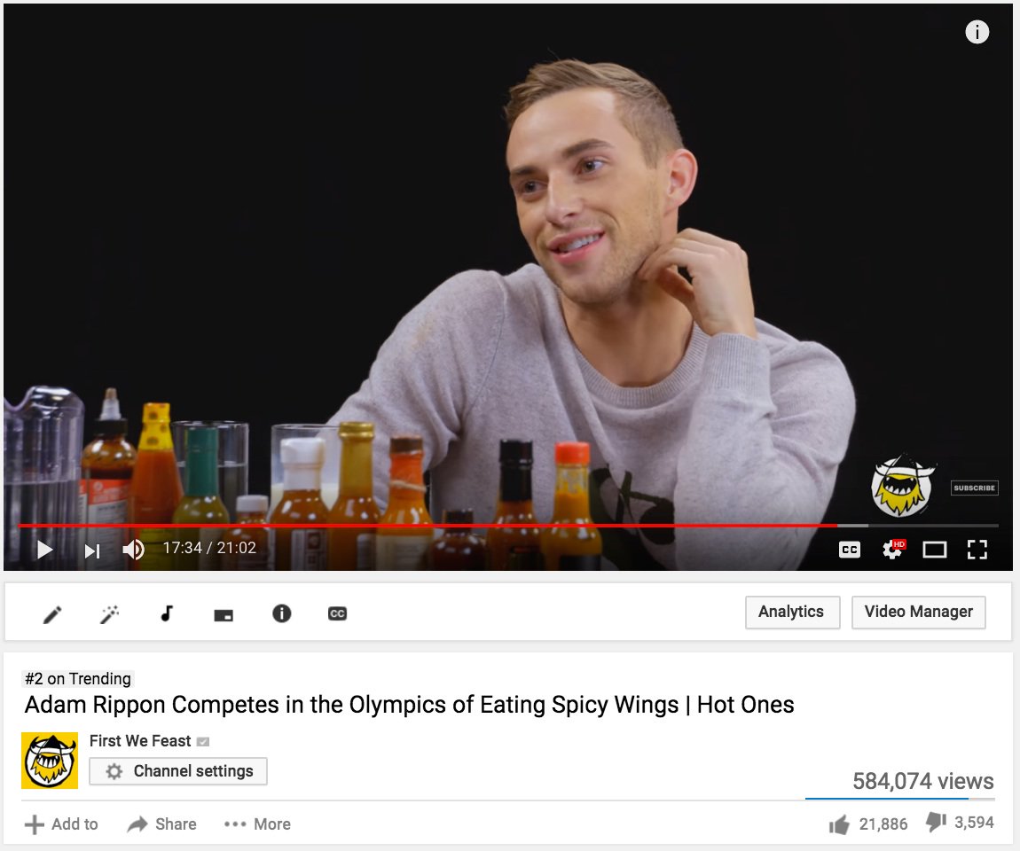 cschonberger's tweet image. Adam Rippon Hot Ones trending #2 on YT, let&apos;s go for gold #SpiceLords 🥇🥇🥇