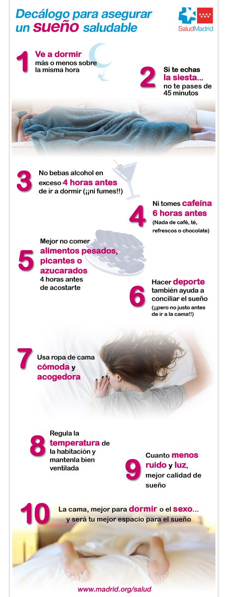 😴💤 Tienes un sueño reparador y confortante? Para celebrar el #DíaMundialdelSueño, te dejamos unos consejos que te ayudarán a no pasarte las noches en vela... Y si padeces insomnio, consulta a tu médico de familia.

+ info 👉 madrid.org/cs/Satellite?c…

#WorldSleepDay #FFPaciente