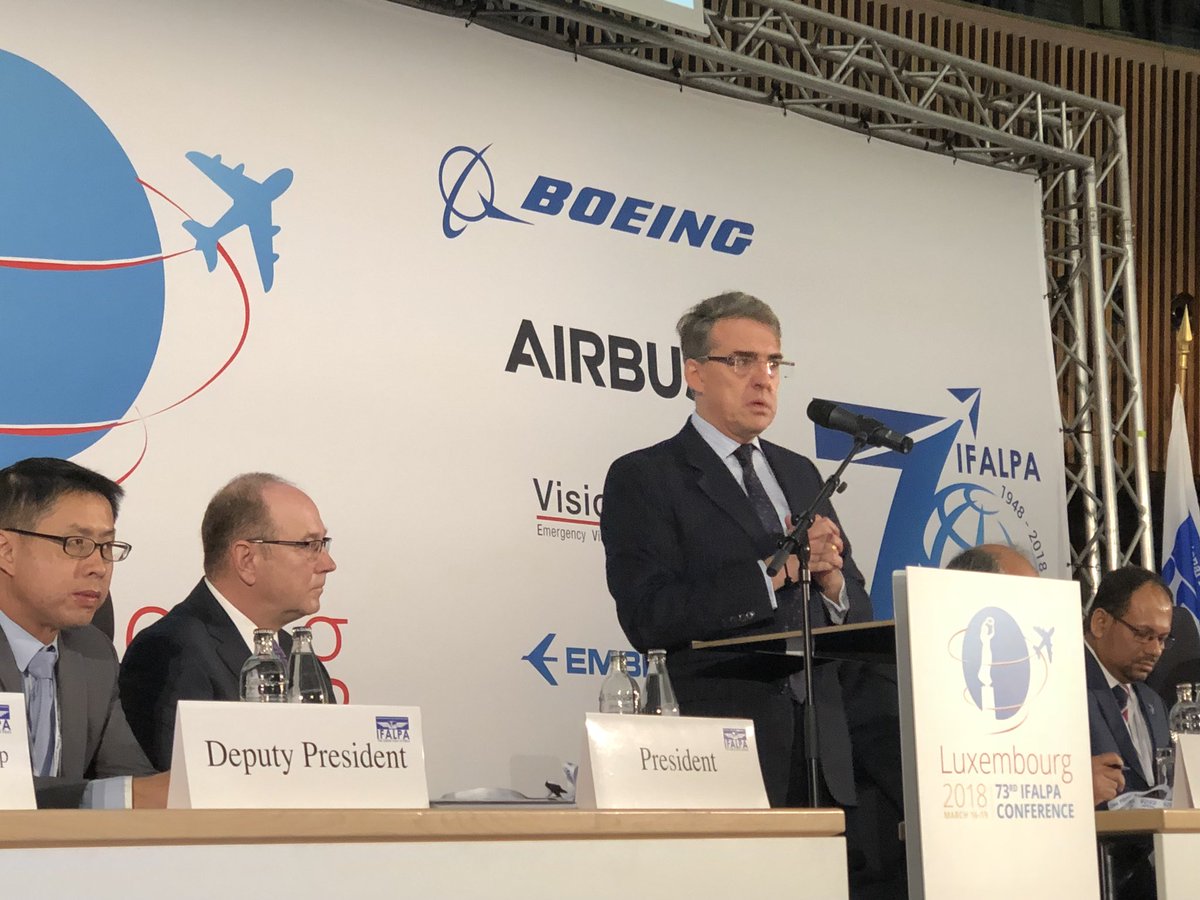 ALPAPilots's tweet photo. .@IATA Director General and CEO Alexandre de Juniac addresses the 73rd IFALPA Conference following welcome by @IFALPA President Capt. Ron Abel #ifalpa2018lux https://t.co/lDdCimY0XZ