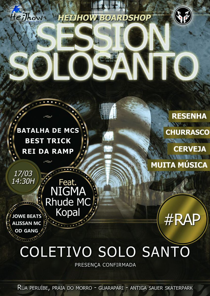 mangue027's tweet photo. Galera de Guarapari!
Neste sábado, 17, às 14h30, vai rolar edição do evento "Session Solosanto", organizado pelo Heijhow Boardshop. O evento será na Rua Peruípe, na Praia do morro (antiga Sauer Skaterpark).
O coletivo Solo Santo é presença confirmada! 😎👇🏾😈 https://t.co/qMPiLdsjuF