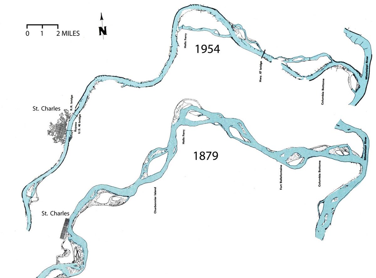 MoEnvironment's tweet photo. More frequent &amp; intense rain + the constriction of the Missouri River is increasing flooding, as @tonymess points out in his article. Here's an illustration of the changes to the lower Missouri as depicted by Dr. Bob Criss, who is also referenced in the article. #moleg https://t.co/2zCntrUpcV