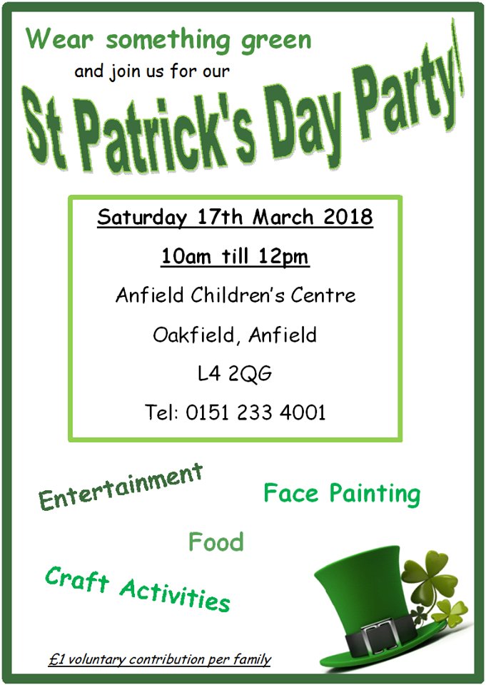 Anfield Children's Centre, St Patrick's day party. Tomorrow 17th March from 10am to 12pm. TK Entertainments, face painting, crafts, fun and games. £1 voluntary contribution per family.
#weloveparties #StPatricksDay #funforthefamily