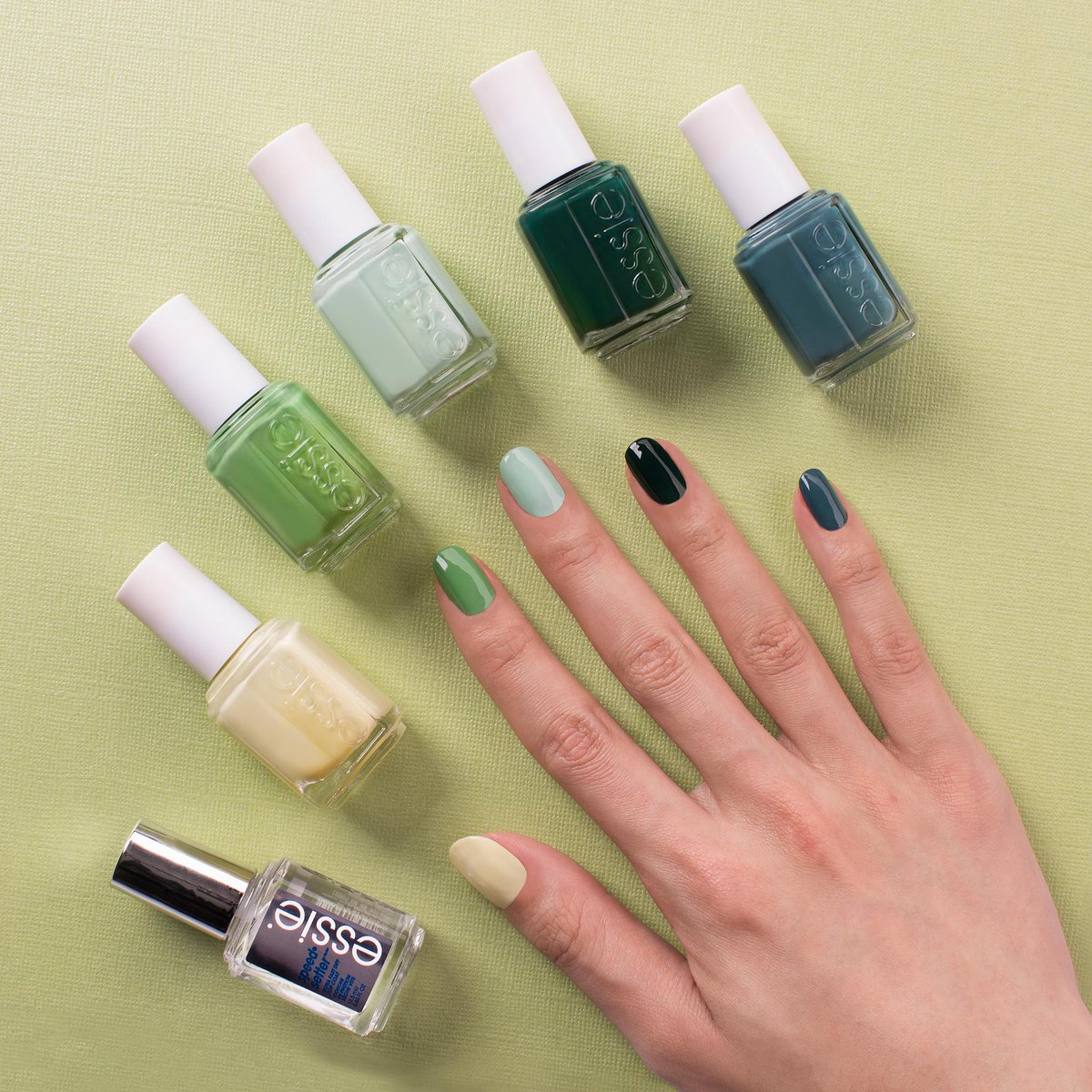 essie's tweet photo. #stpatricksday is tomorrow and we're thinking a green ombré mani is in order. recreate this look at home with: #chillato, #mojitomadness, #fashionplayground, #offtropic and #gooverboard 💚 (don't forget #speedsetter!) snag your fave: https://t.co/if5H00UxRD https://t.co/Z8iMvgGlRi