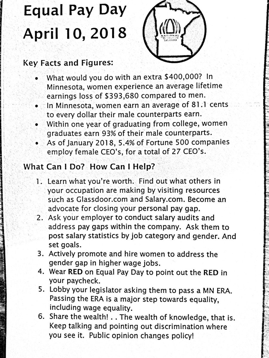 postcards4usaMN's tweet photo. Also, check out the Women’s Economic Fairness Act
https://t.co/mIlnVwG7Ya
And Equal Pay Day is April 10. Based on the pay gap, on 4/10/18 women will make the same amount that men made in 2017. Wear Red!
#3rdThurs in April will be a #MNLeg mid-session check-in https://t.co/ZMJD50yinw