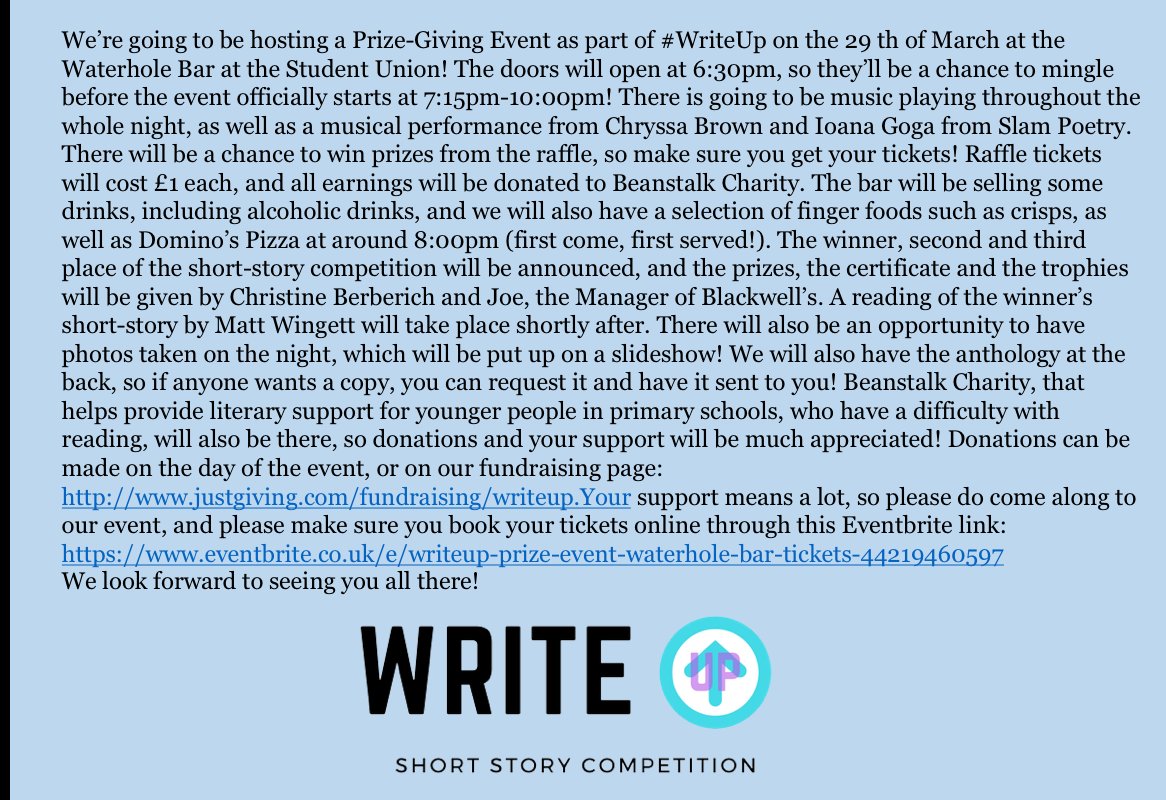 UoPWriteUP's tweet photo. We want to thank everyone for their submissions - who will the winner be?

Donations to @beanstalkreads can be made here: https://t.co/eihjHcHuOl

Book your tickets on @eventbrite: https://t.co/VOhEitvu18

We can't wait to see you!

https://t.co/bAlNVqS6YR

#WriteUP https://t.co/gKzcj5csfA