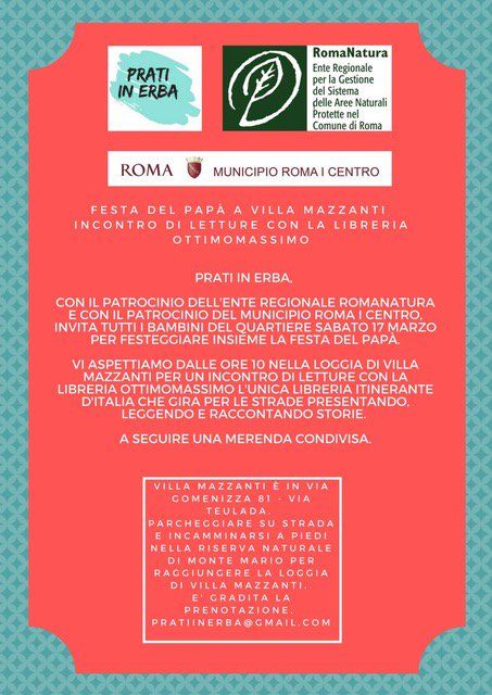 EnteRomaNatura's tweet photo. Domani ore 10:00 con Associazione #pratiinerba #festadelpapa a #VillaMazzanti #RNMonteMario Giochi e letture per bambini e a seguire merenda condivisa! Per prenotazioni:pratiinerba@gmail.com🎈🎉🎈 https://t.co/ObzOaFDhBe