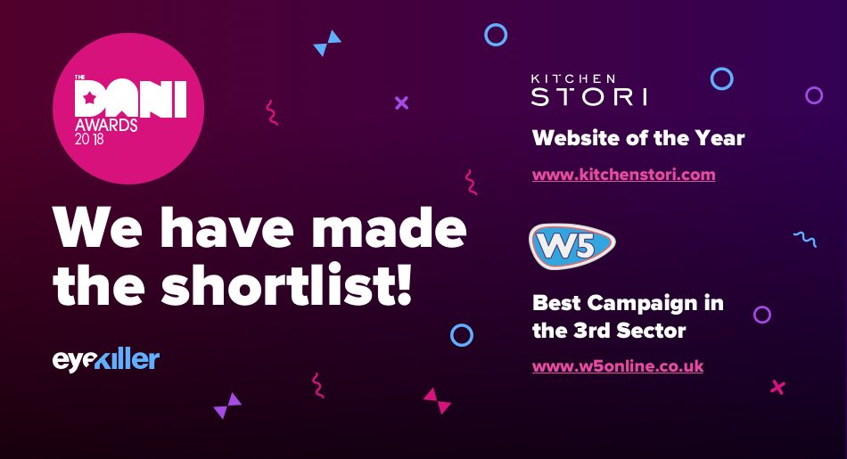 We're thrilled to be shortlisted for two awards at the @DANIAwards! We've been nominated for Website of the Year for our website for @Kitchen_Stori, and also for Best Campaign in the 3rd Sector for our website launch for @W5atodyssey