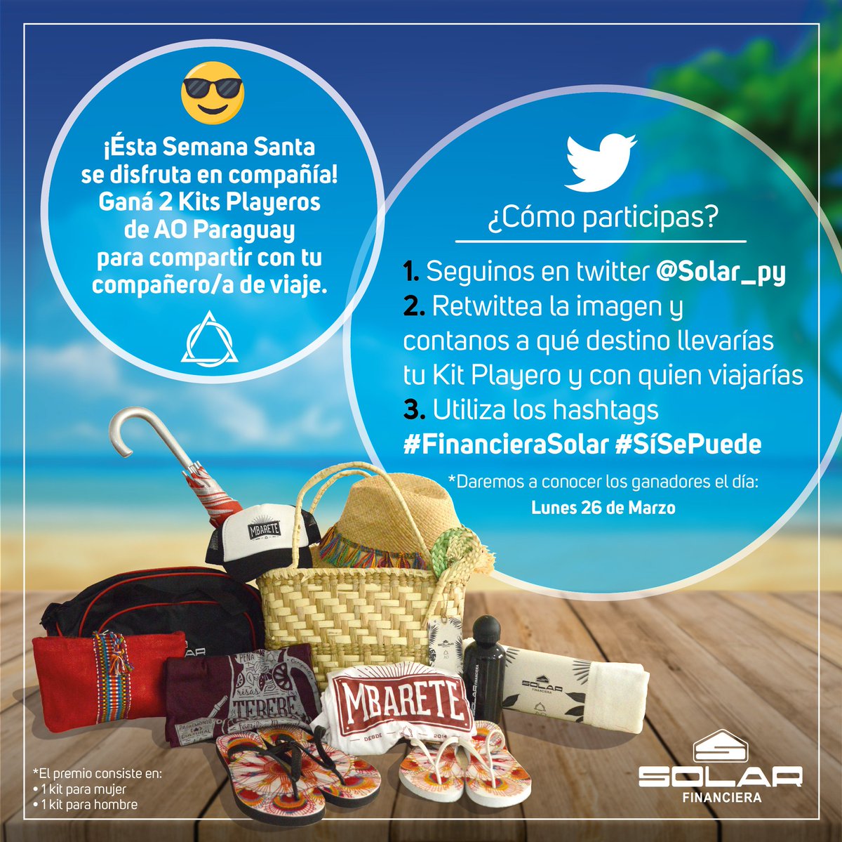 solarbanco's tweet photo. Semana Santa en compañía!
Ganá 2 Kits Playeros de @ao_paraguay y Solar para compartir con tu compañero/a de viaje👫
Cómo?
1⃣Seguinos @Solar_py
2⃣Retwittea la imagen y contános a qué destino llevarías tus Kits y con quien viajarías
3⃣Usá los hashtags #FinancieraSolar #SíSePuede https://t.co/hDceXK5pq9