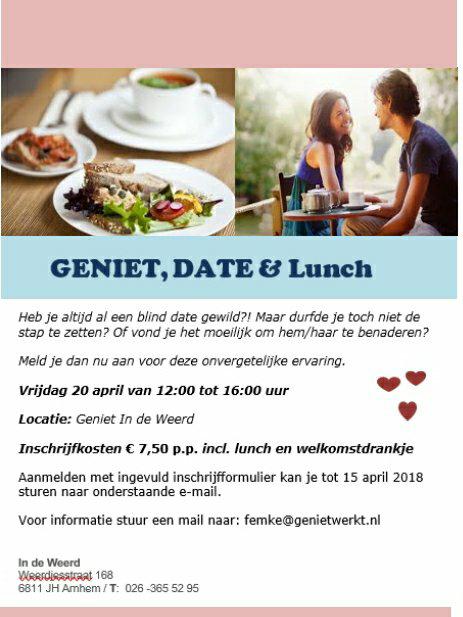 Op 20 April organiseert Geniet Werkt een blind date, voor mensen met een indicatie.

ben of weet jij iemand, die er graag bij zou willen zijn?

Stuur dan een DM of mail naar femke@genietwerkt.nl. Voor het inschrijf formulier.