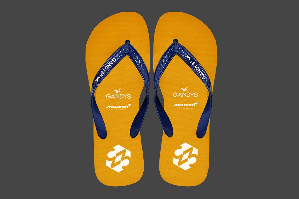 McLarenF1's tweet image. Our fun collaboration with @GandysLondon carries a serious message. All proceeds from the sale of our #HaloEdition flip-flops will go to The Gandys Foundation in support of their Orphans for Orphans initiative. mclrn.co/Gandys