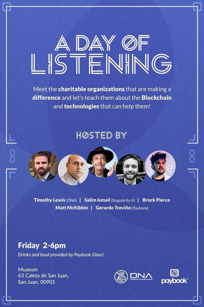 RestartWeek's tweet image. 3.16 - Today is a day of Listening. Meet the charitable orgs in Puerto Rico and learn how Blockchain tech can help with @brockpierce at the historic museum in Old San Juan. #RestartWeek @paybook