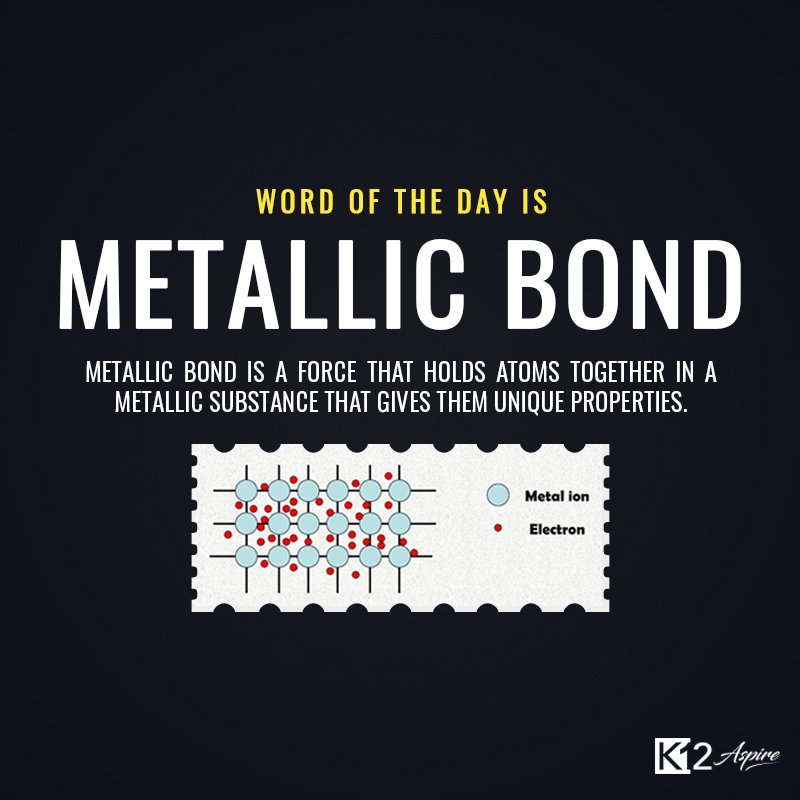 K12Aspire's tweet image. Enrich your science vocabulary!

Today’s word is "Metallic bond".

#ScienceVocabulary #ChemistryWords #LearnWithUs