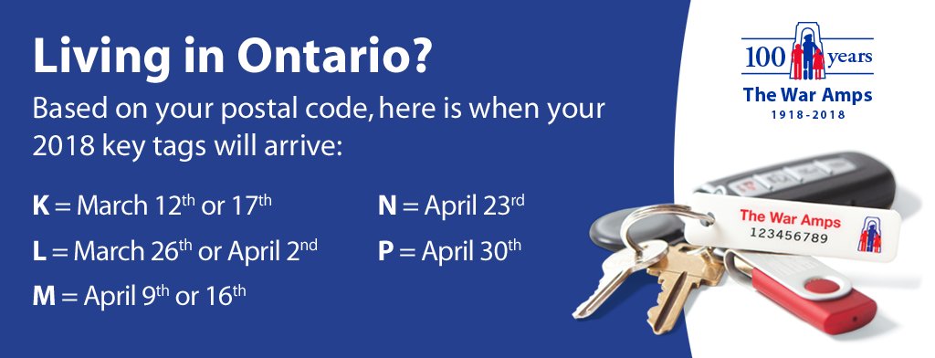 TheWarAmps's tweet image. When the Key Tag Service started in 1946, 70 sets of lost keys were returned to their owners. Today, we return nearly 13,000 sets each year! Residents in Ontario will begin to receive their 2018 key tags in the mail this week. #KeyTags #ON
