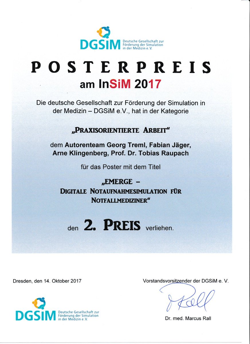 Das #EMERGE-Team gewinnt den 2. Posterpreis der InSiM 2017 für das Poster "EMERGE - Digitale Notaufnahmesimulation für Notfallmediziner" in der Kategorie "Praxisorientierte Arbeit". Vielen Dank für den tollen Kongress!