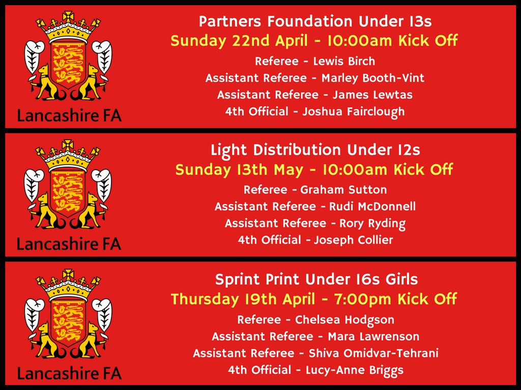LFARefs's tweet photo. π COUNTY CUP FINALS π
The following match officials have been appointed to our 2017/18 @LancashireFA County Cup finals β½οΈ
Congratulations to all officials on their fantastic appointments which reflects their hard work and performances during the season π
(Part 2 of 2) https://t.co/yeTVXqzjUE