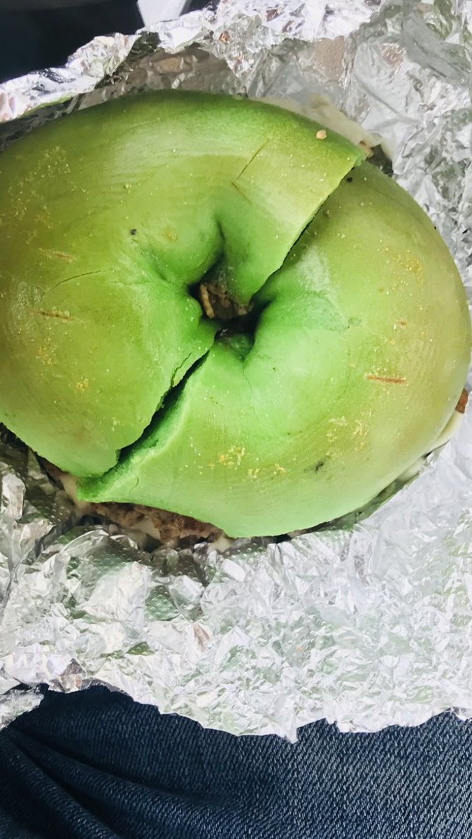 Eating green doesn’t always mean eating healthy 😊#ihx #StPatricksDay #manhattanbagel #steakeggandcheese #greenbagel