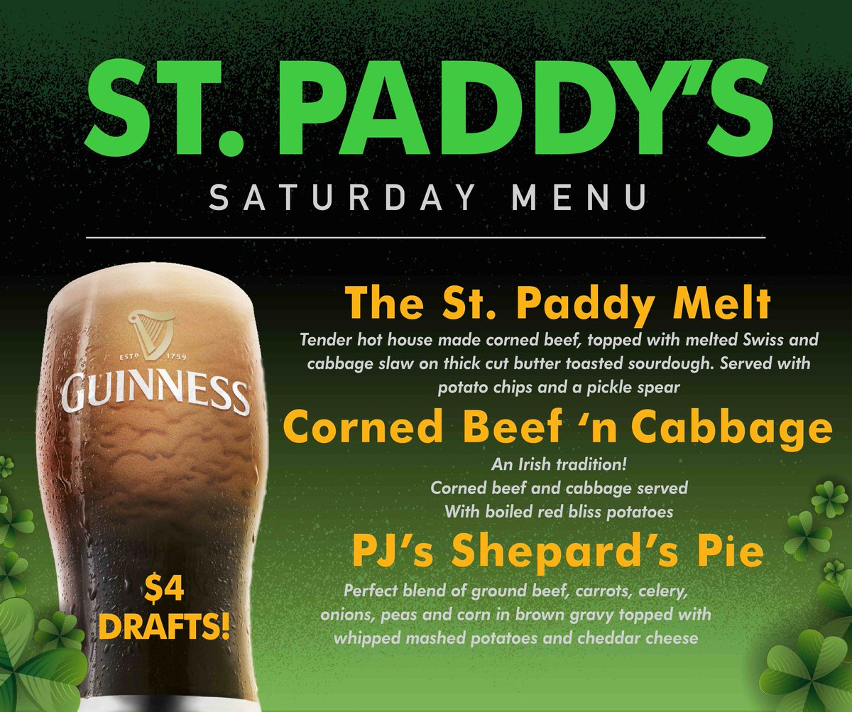 PJsPub's tweet photo. βοΈ Saturday! βοΈ
Celebrate #StPaddysDay βοΈ#InYourPJs with special events in all 16 locations in PA & NJ!! Enjoy a specialty #Irish menu & $4 #Guinness Drafts!! #PJsDoesItBetter https://t.co/g0FSL1q1JK