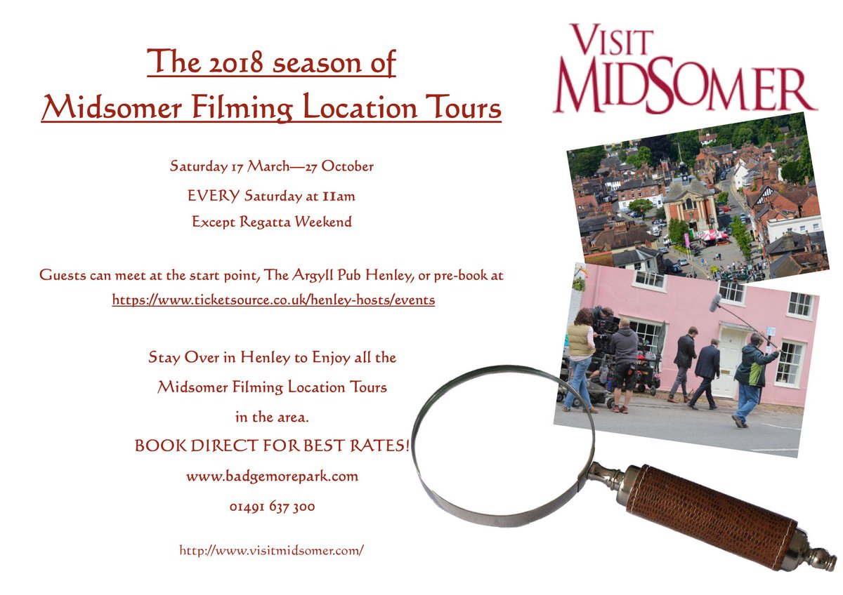 <a href="/visitmidsomer/">Visit Midsomer</a>  <a href="/VisitEngland/">VisitEngland</a>  <a href="/VisitHenley/">Visit Henley</a>  <a href="/HenleyTCM/">Henley Town Council</a> 
Midsomer Film Locations Tours for 2018 start TOMORROW!!
Book your room to enjoy all the tours in and around the area!
badgemorepark.com
01491 637 300